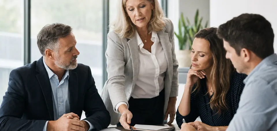 A leadership team reviews a growth plan around a table