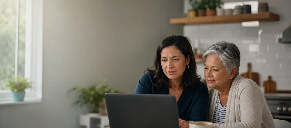 An adult daughter helps her mother search online for care